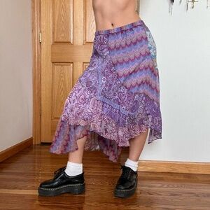 Vintage Boho Purple Patchwork Asymmetric Ruffle Frill Skirt